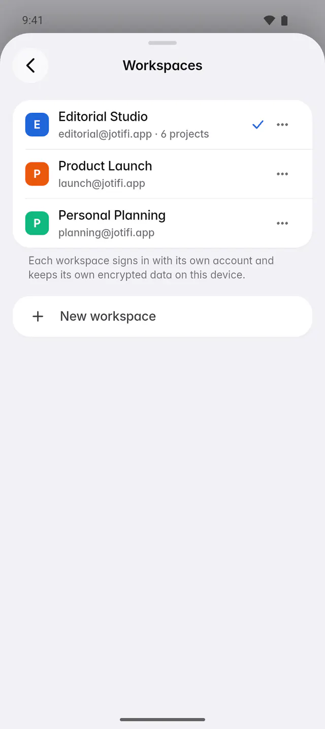 The list of workspaces on this device, each with its account (an Android phone)