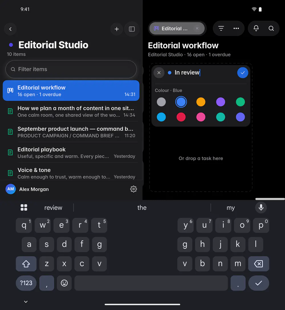 Adding a column named In review, with a choice of colours (an Android foldable)