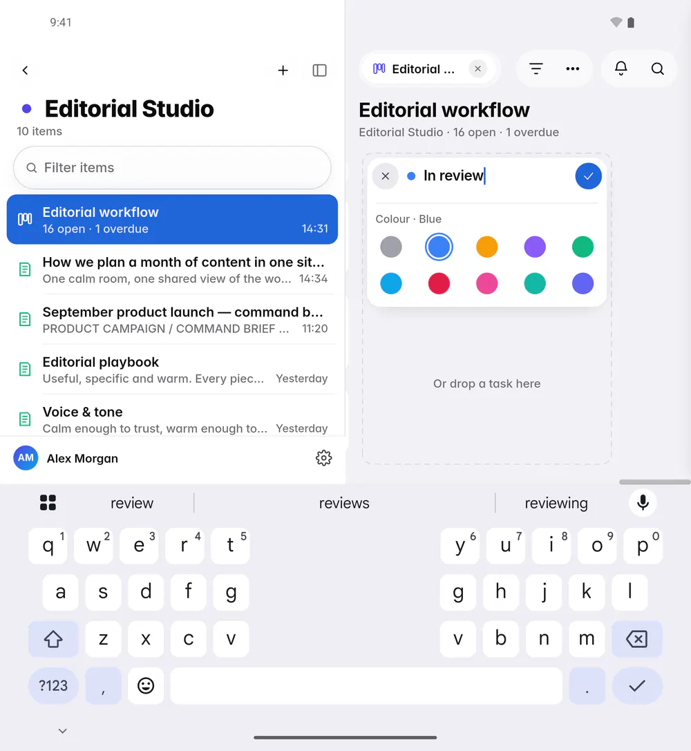 Adding a column named In review, with a choice of colours (an Android foldable)