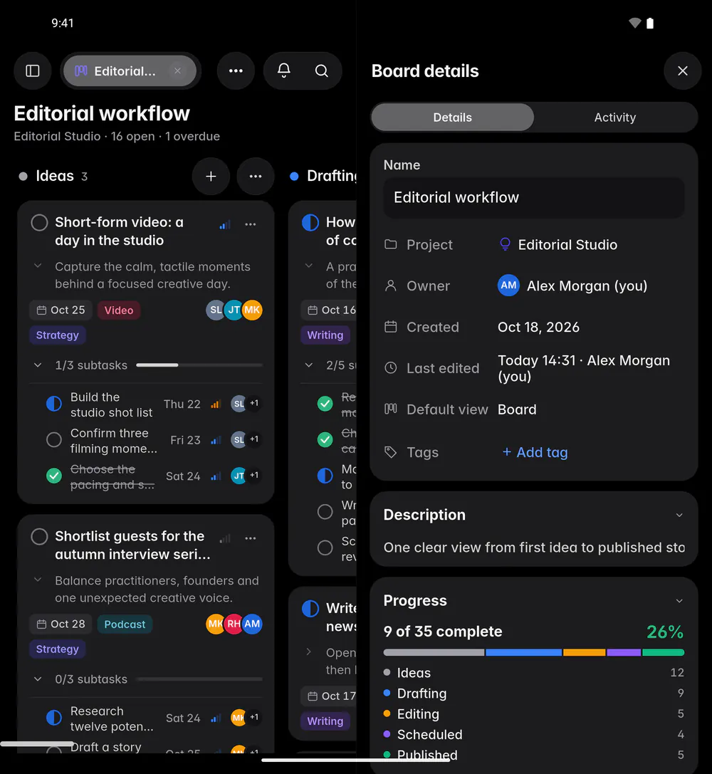 Board details with progress by column and each person's workload (an Android foldable)