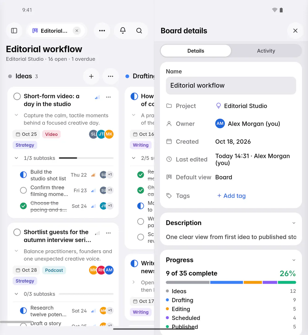 Board details with progress by column and each person's workload (an Android foldable)