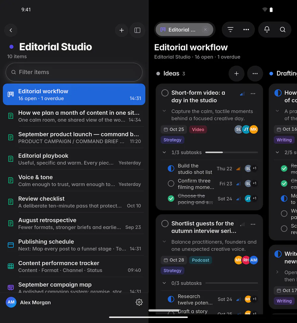 A board with Ideas, Drafting and Editing columns of task cards (an Android foldable)