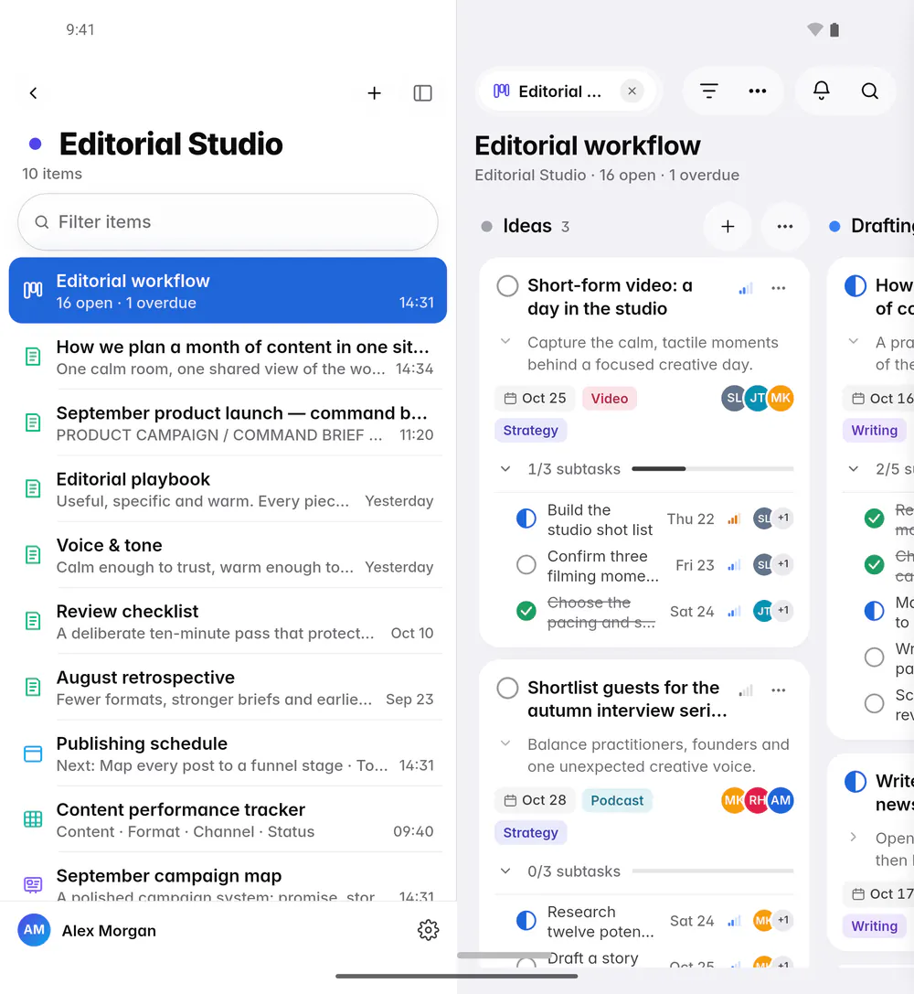 A board with Ideas, Drafting and Editing columns of task cards (an Android foldable)
