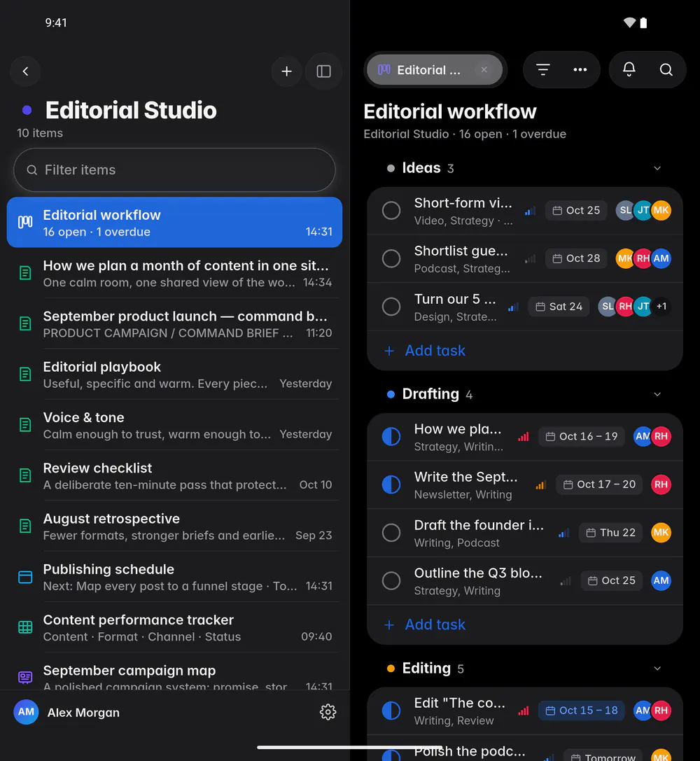 The board as a list, grouped by column, with tags, priority, due dates and people (an Android foldable)