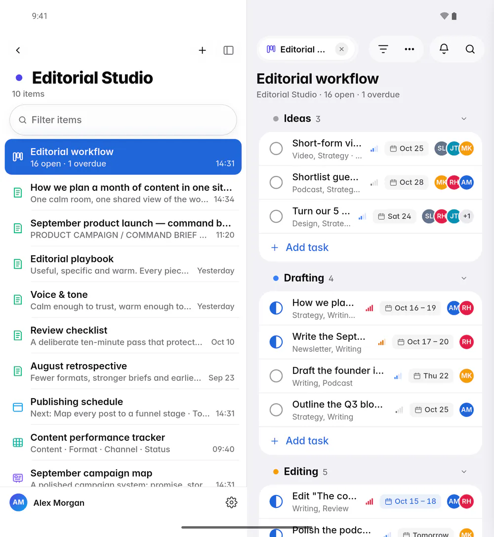 The board as a list, grouped by column, with tags, priority, due dates and people (an Android foldable)