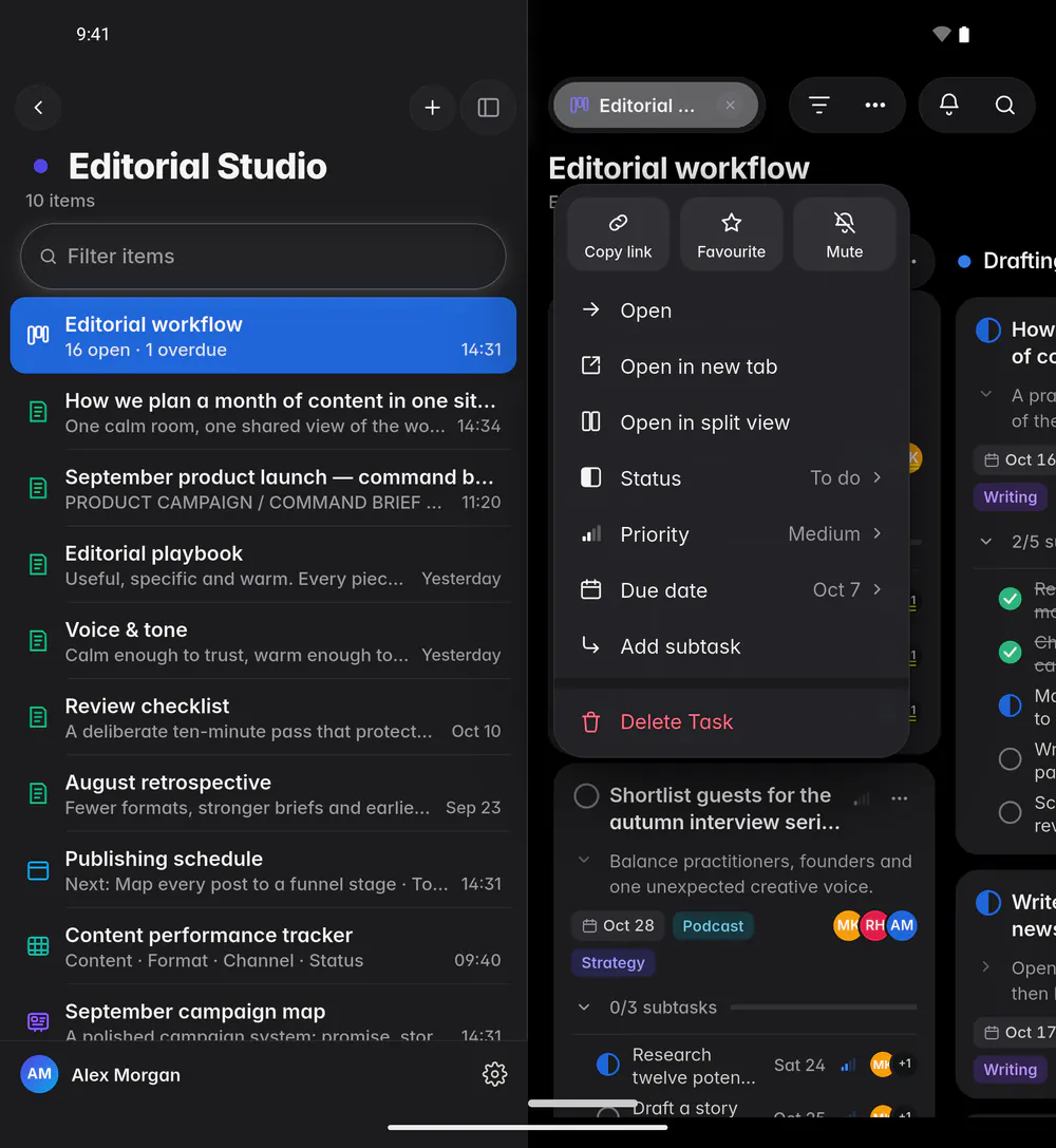 A card's menu with Open, Status, Priority, Due date, Add subtask and Delete task (an Android foldable)