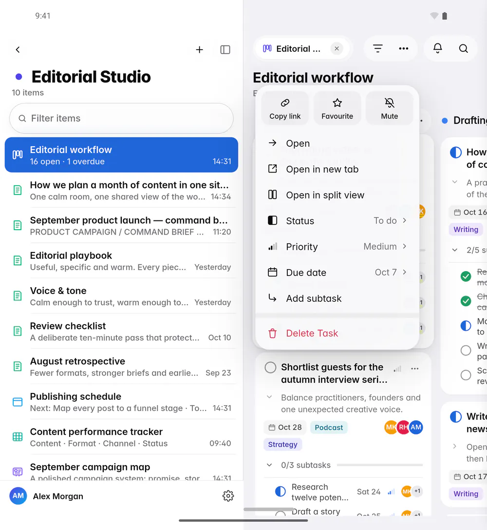 A card's menu with Open, Status, Priority, Due date, Add subtask and Delete task (an Android foldable)