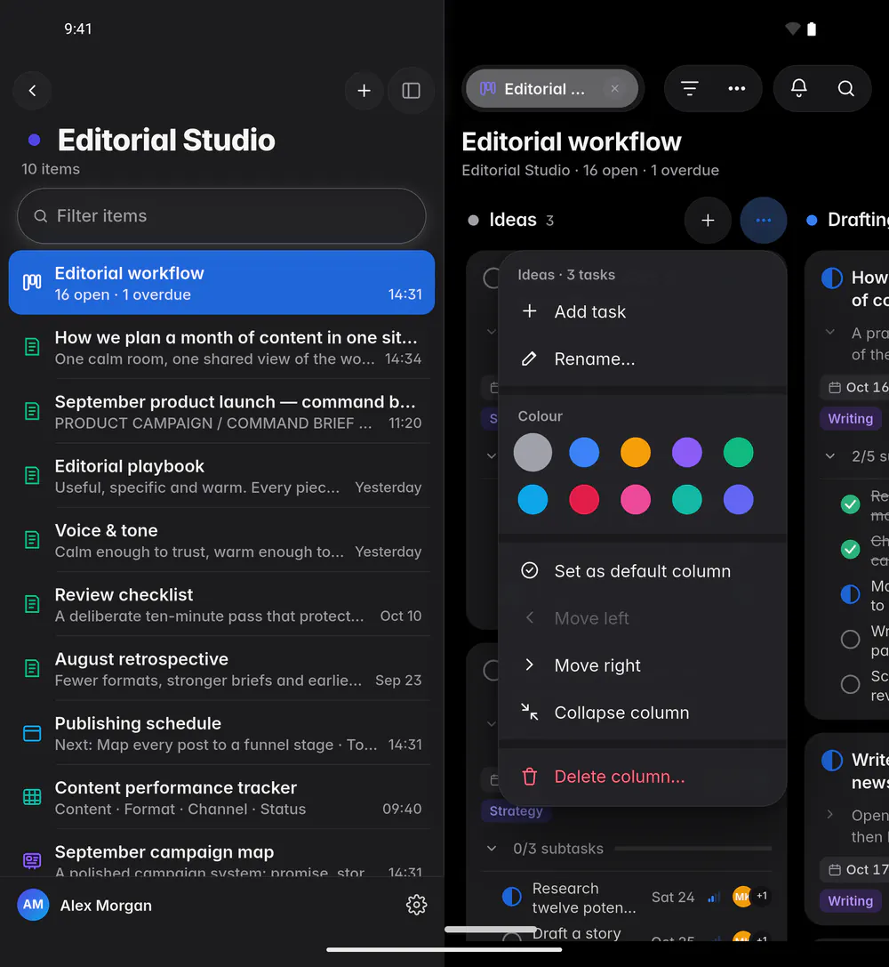 A column's menu with Add task, Rename, Colour, Move left, Move right, Collapse and Delete (an Android foldable)
