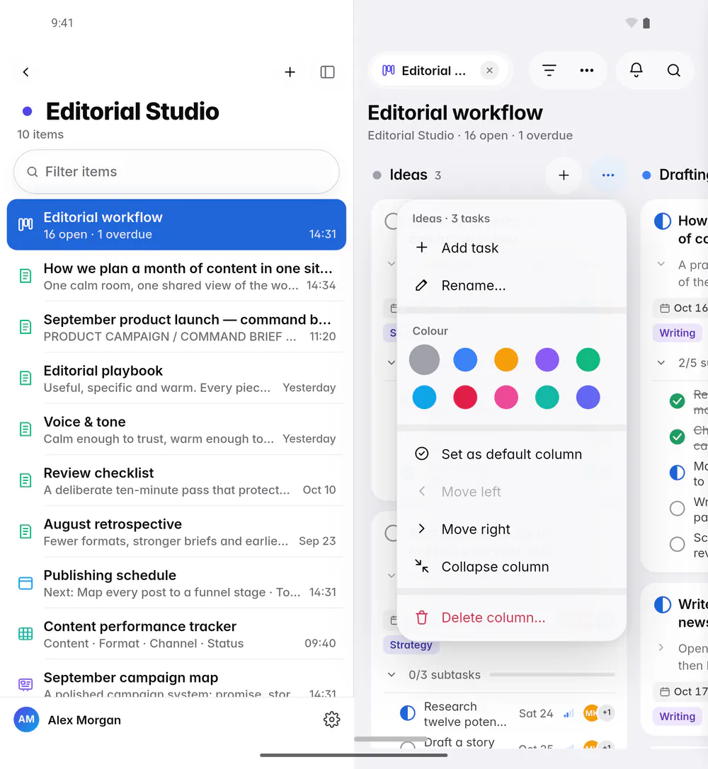 A column's menu with Add task, Rename, Colour, Move left, Move right, Collapse and Delete (an Android foldable)