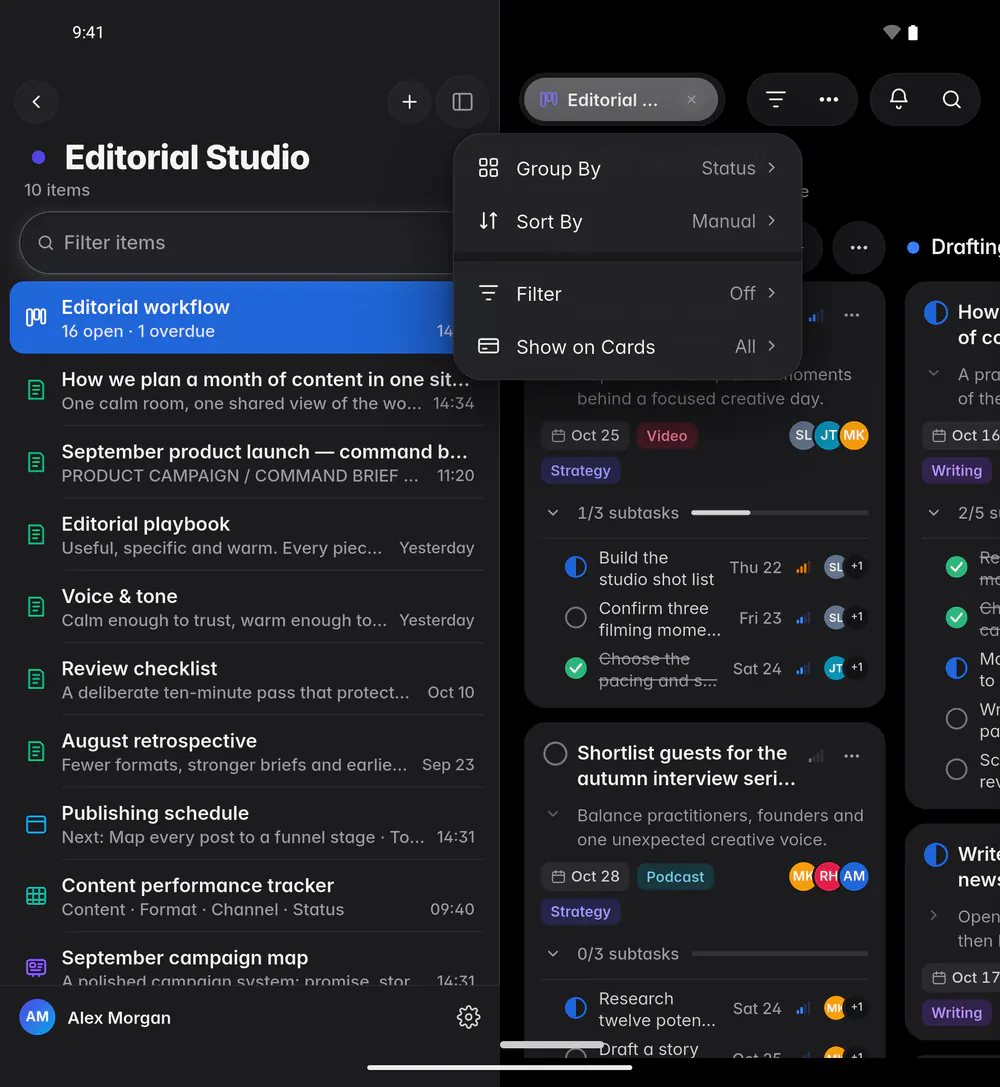 The board's view options for filtering, grouping, sorting and the fields shown on cards (an Android foldable)