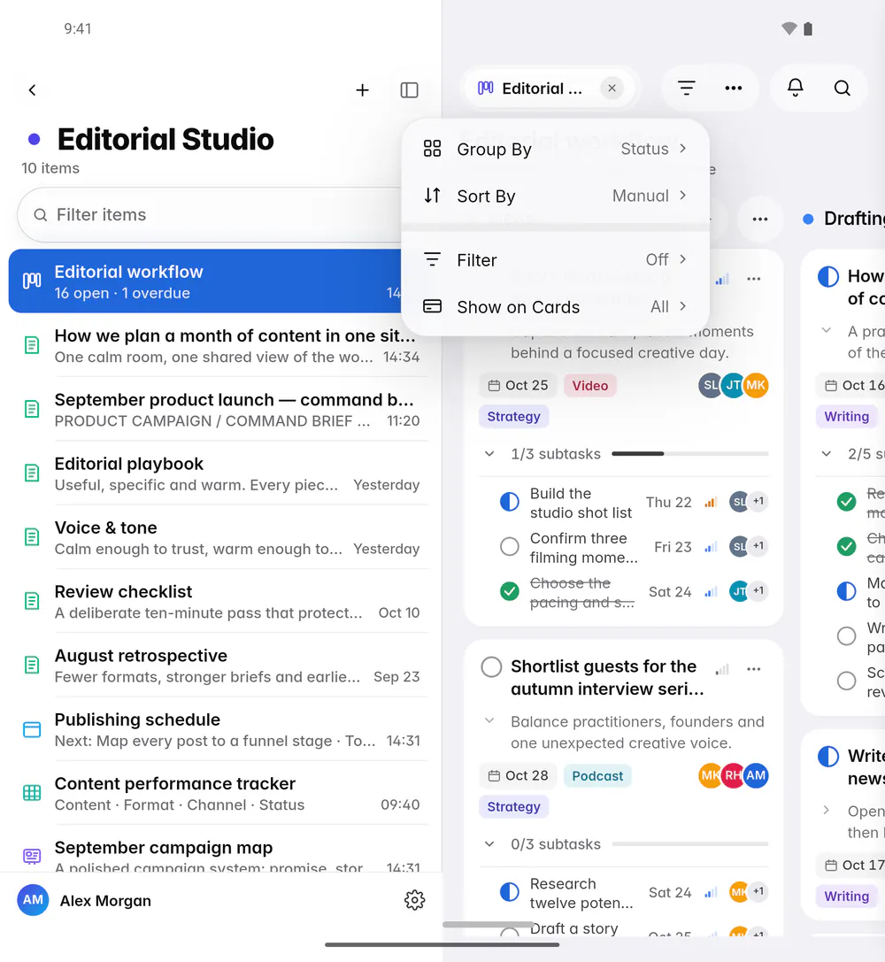 The board's view options for filtering, grouping, sorting and the fields shown on cards (an Android foldable)