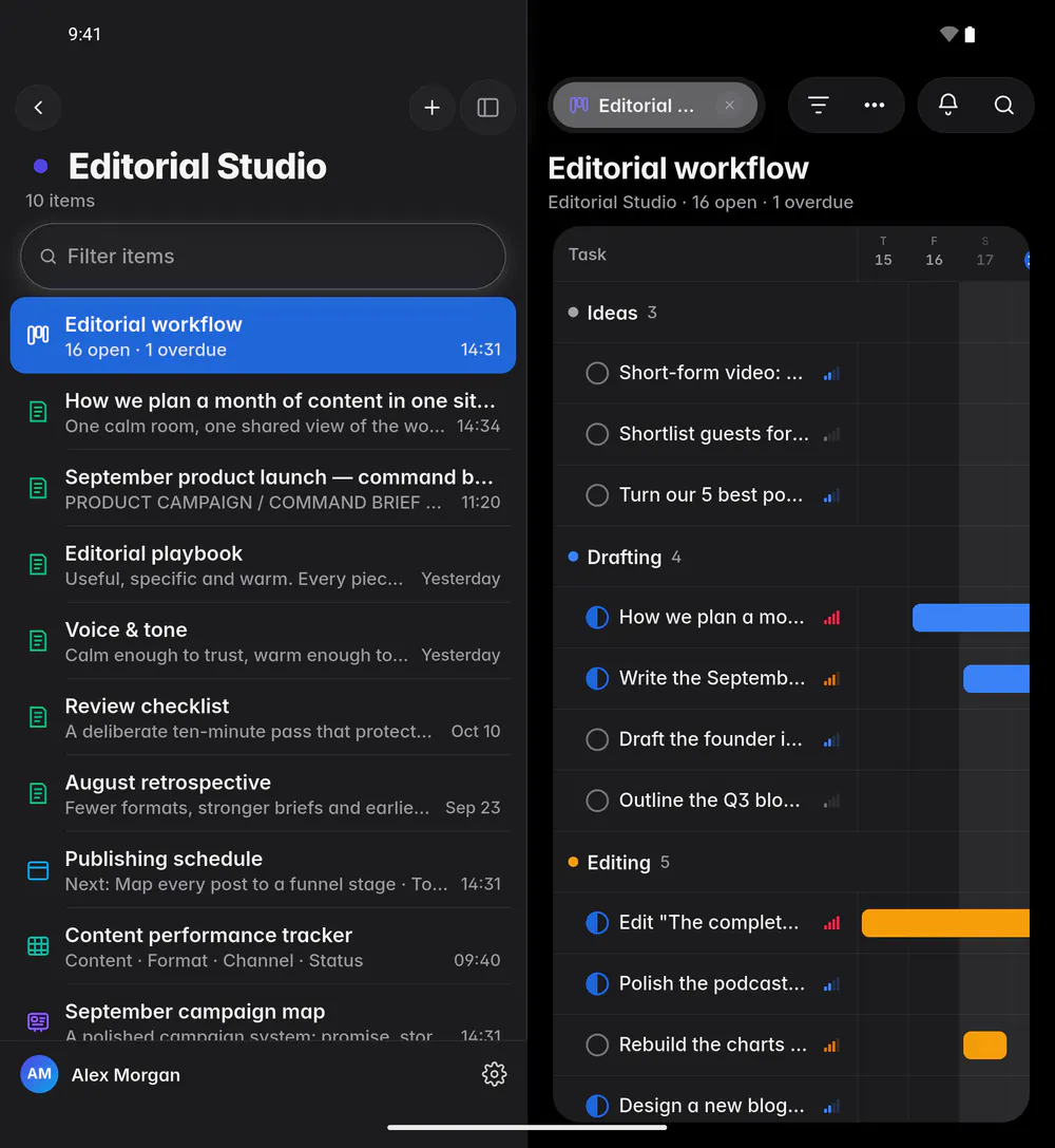 The board as a timeline, with each task as a bar across the dates (an Android foldable)