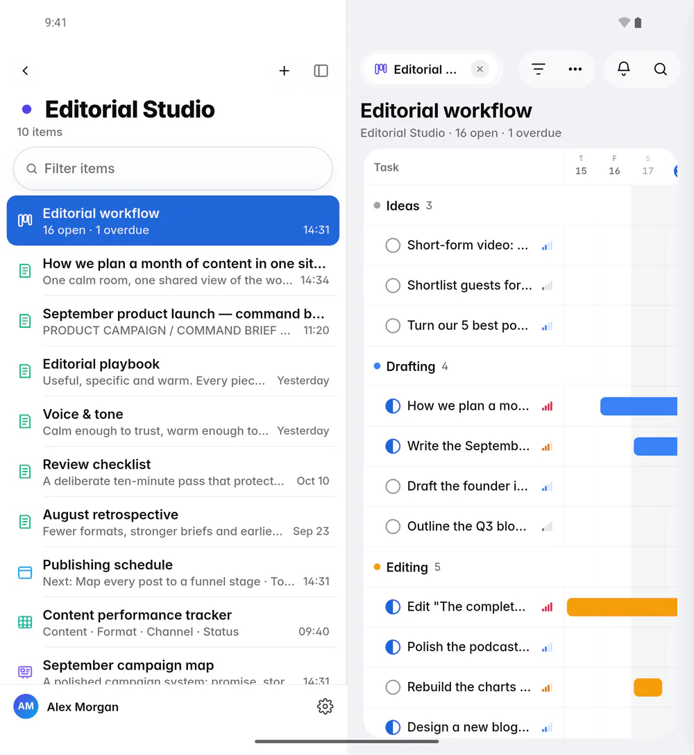 The board as a timeline, with each task as a bar across the dates (an Android foldable)
