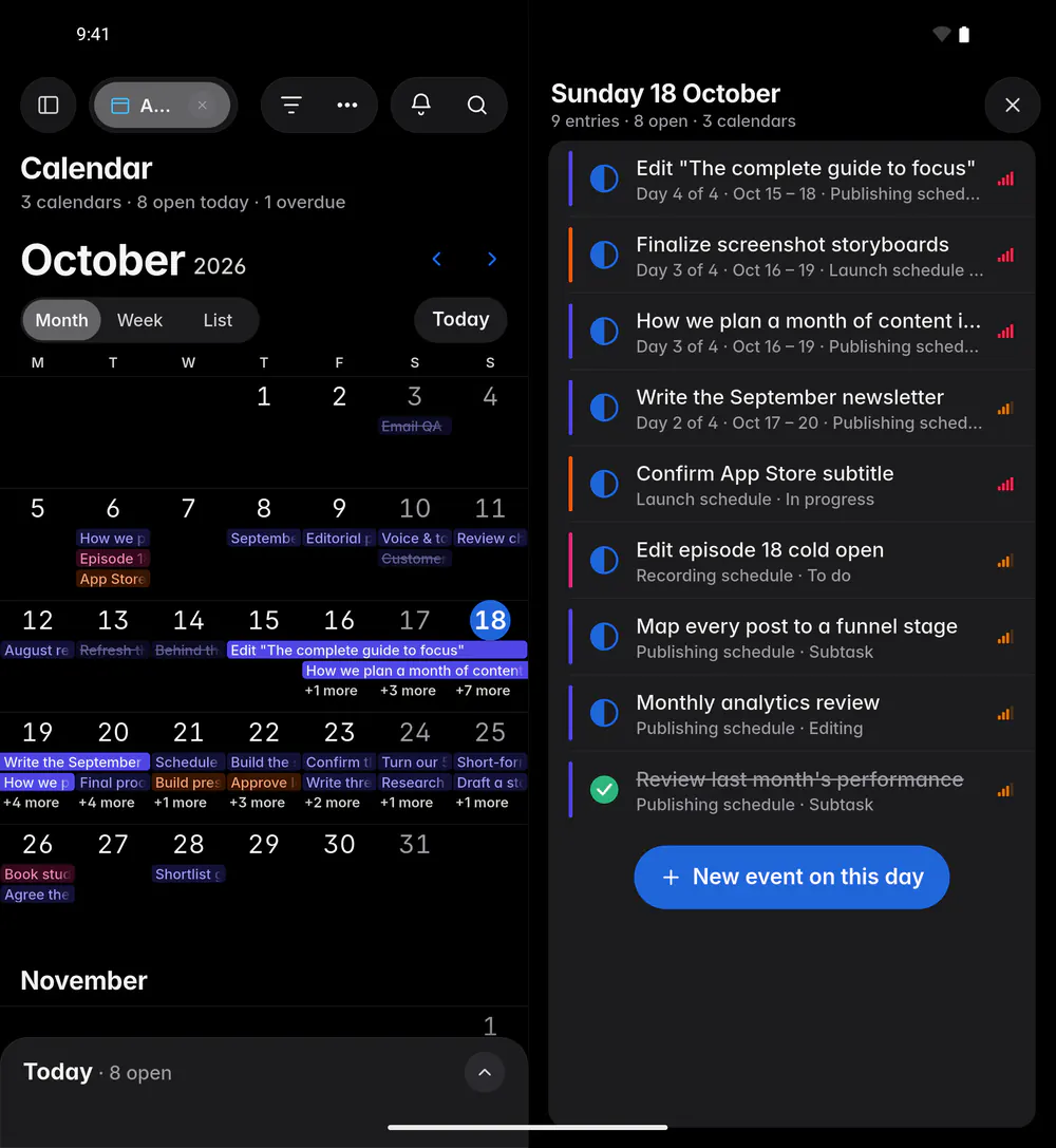The entries of one day, with their status, dates and calendar (an Android foldable)