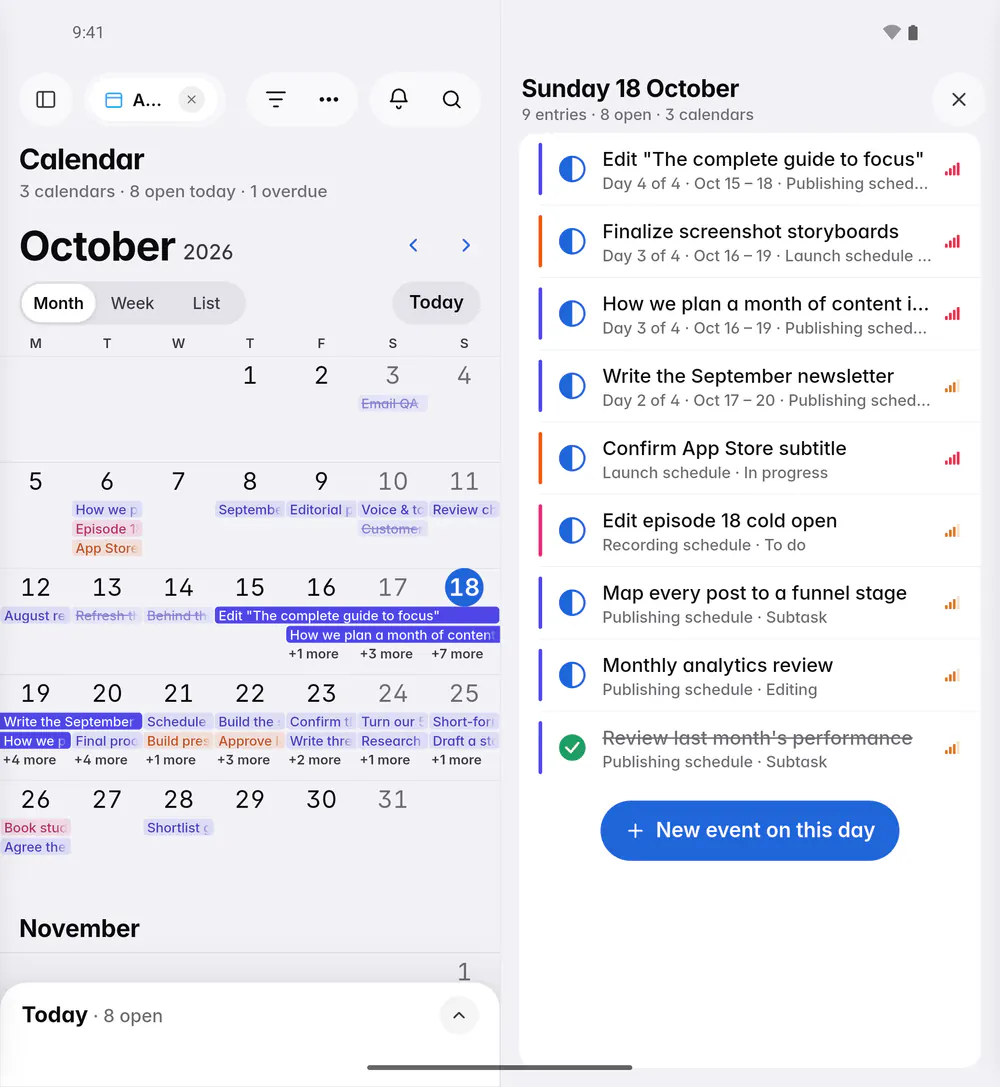 The entries of one day, with their status, dates and calendar (an Android foldable)