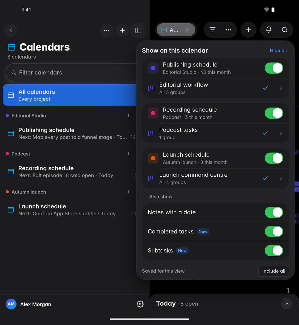 The Show on this calendar panel with calendars, boards and the Also show switches (an Android foldable)