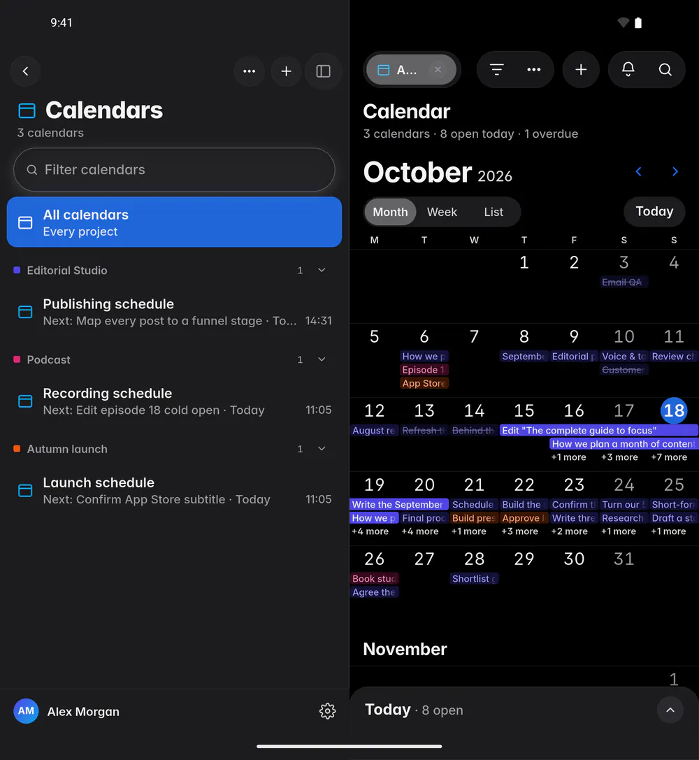 A calendar month with tasks on their days and multi-day tasks as bars (an Android foldable)