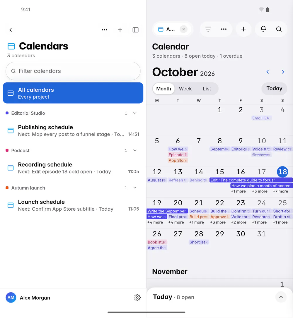 A calendar month with tasks on their days and multi-day tasks as bars (an Android foldable)
