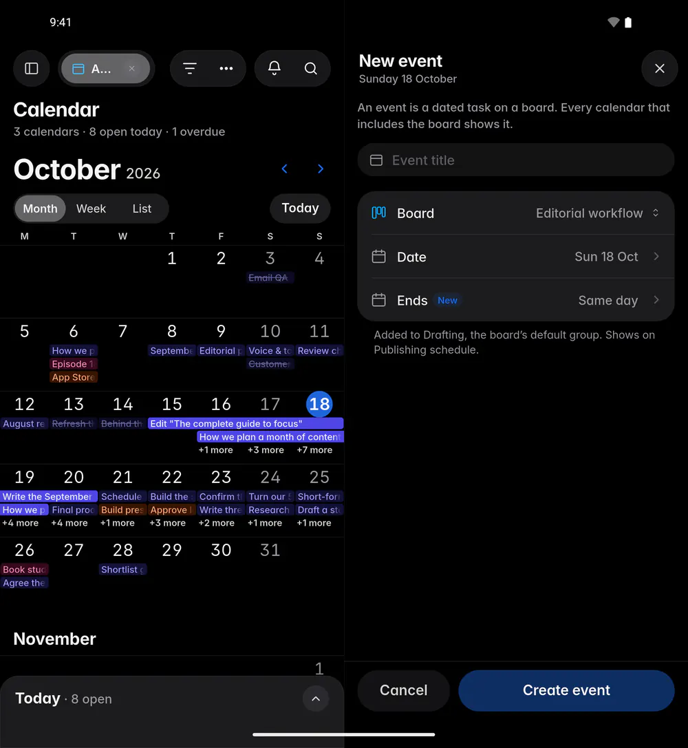 The New event form with a title, a board, a date and an optional end date (an Android foldable)