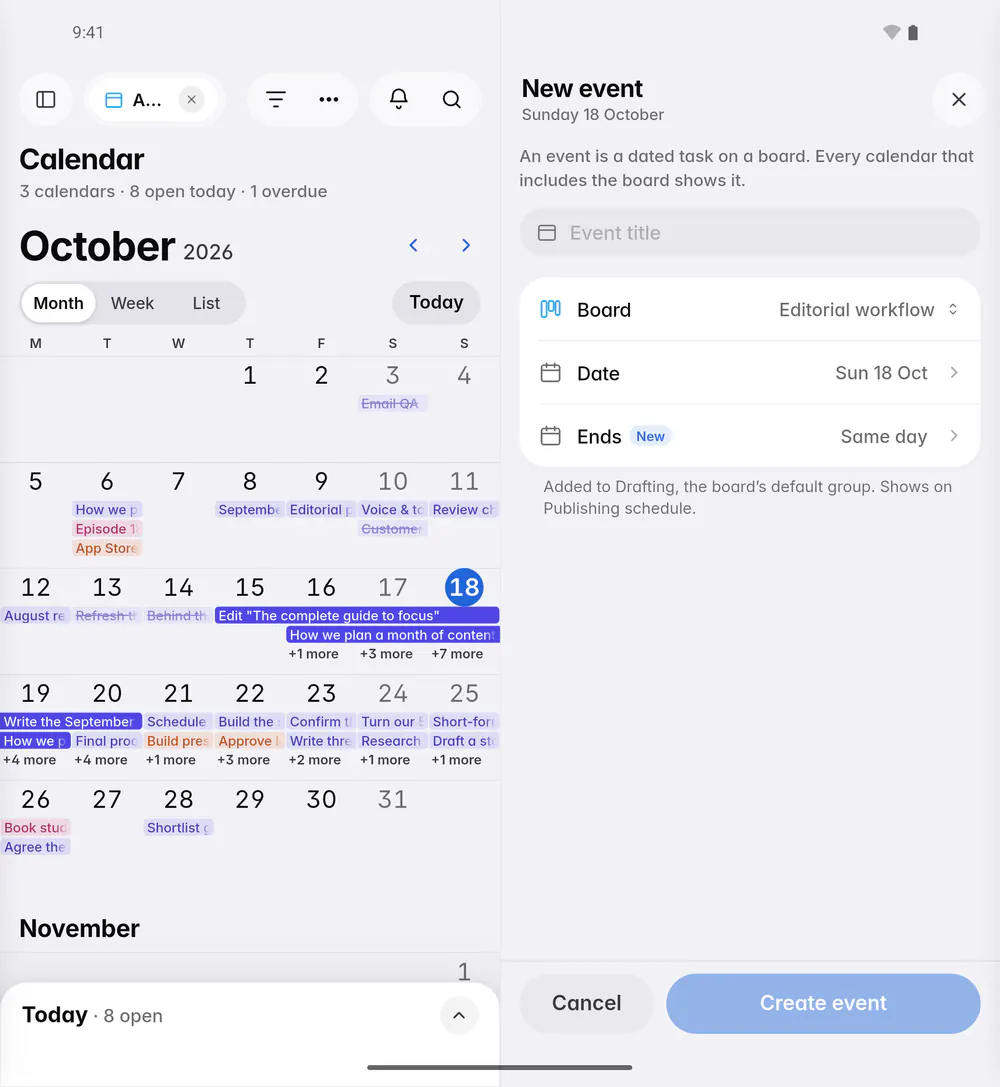 The New event form with a title, a board, a date and an optional end date (an Android foldable)