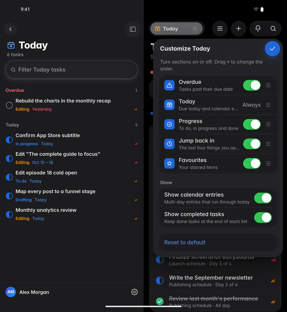 The Customize Today panel with switches for each section and for calendar entries and completed tasks (an Android foldable)