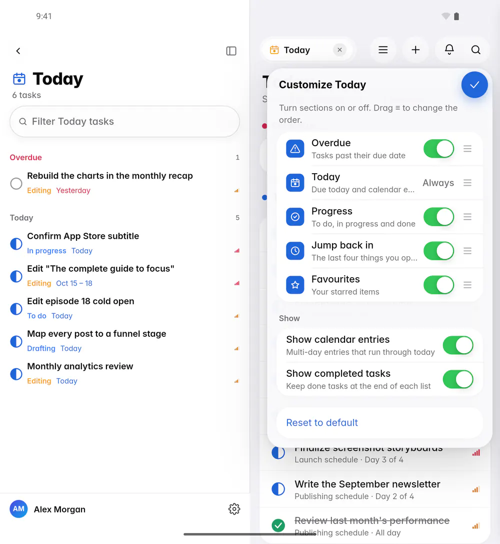 The Customize Today panel with switches for each section and for calendar entries and completed tasks (an Android foldable)