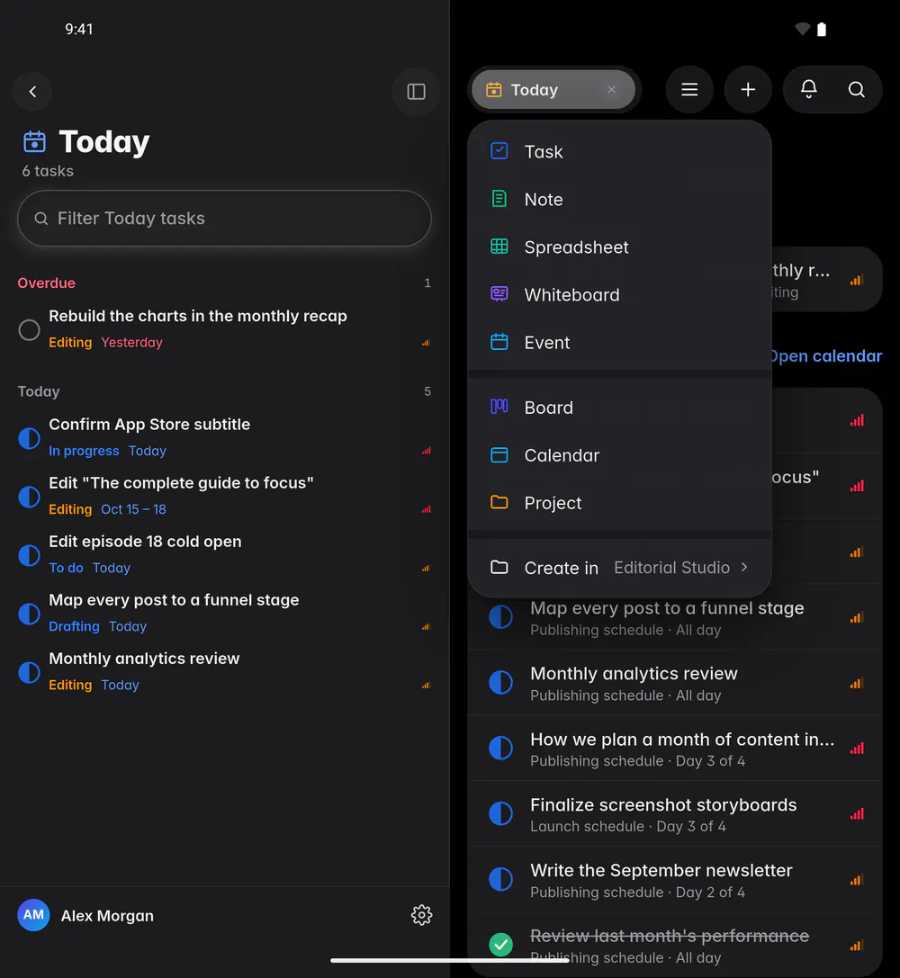 The New menu with Task, Note, Spreadsheet, Whiteboard, Event, Board, Calendar and Project (an Android foldable)