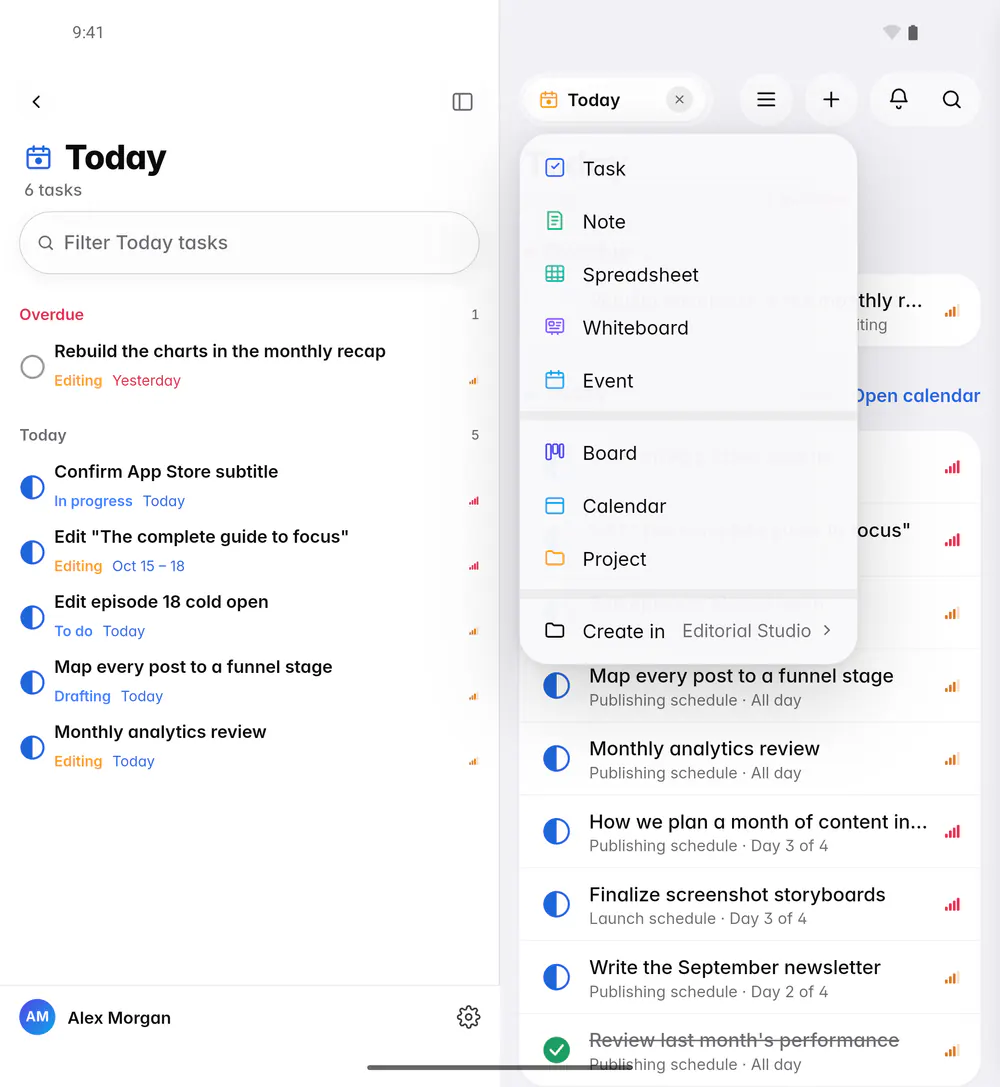 The New menu with Task, Note, Spreadsheet, Whiteboard, Event, Board, Calendar and Project (an Android foldable)