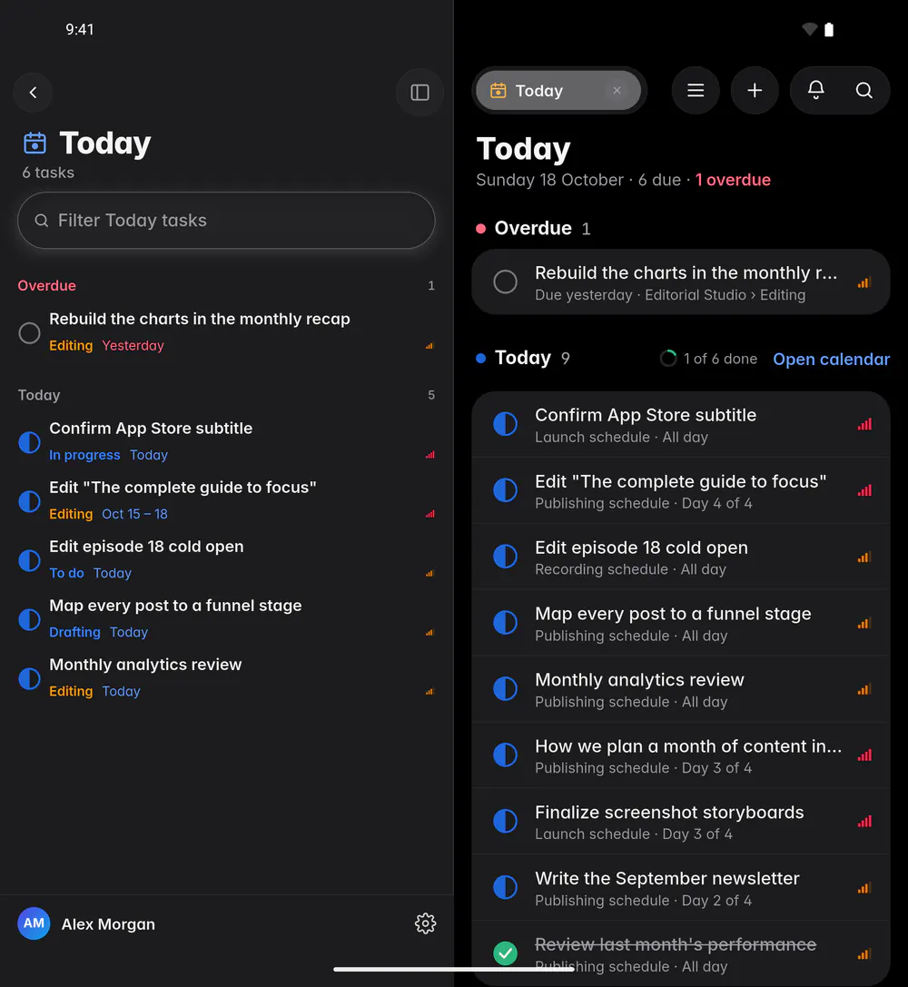 Today with one overdue task, the tasks due today and the day's progress (an Android foldable)