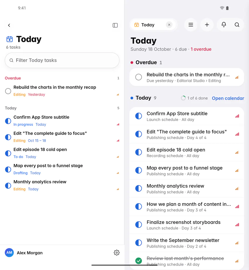 Today with one overdue task, the tasks due today and the day's progress (an Android foldable)