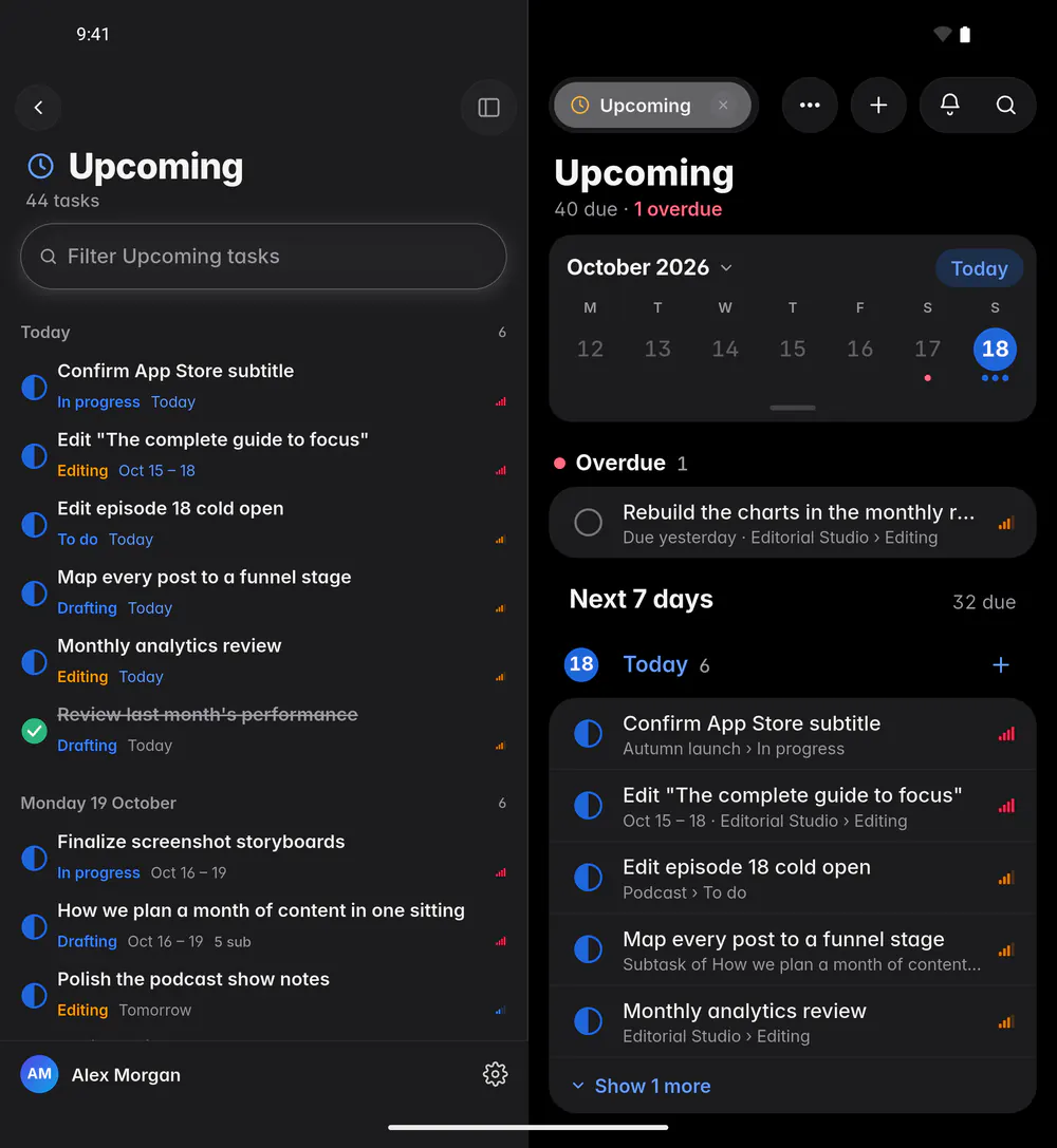Upcoming with the week strip, an overdue task and the tasks for the next days (an Android foldable)