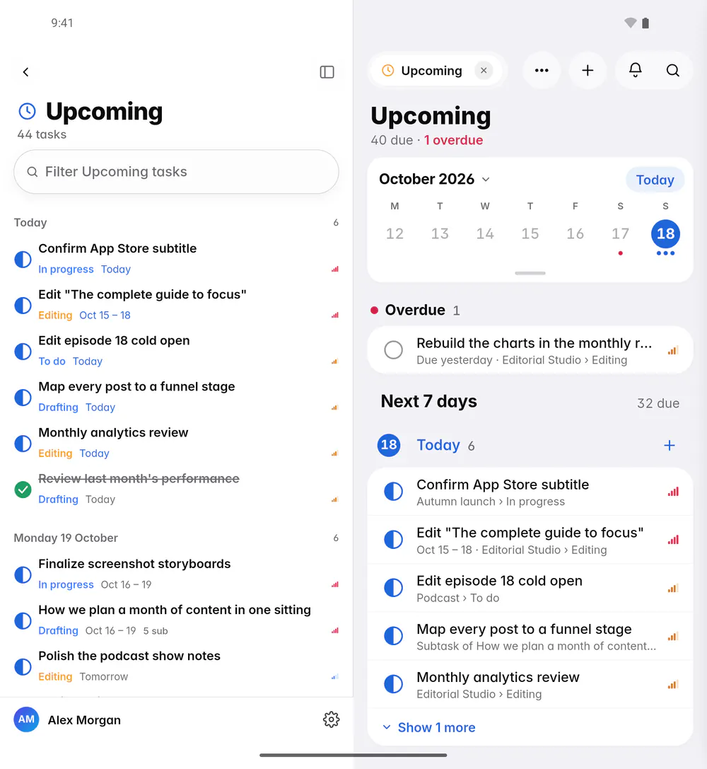 Upcoming with the week strip, an overdue task and the tasks for the next days (an Android foldable)