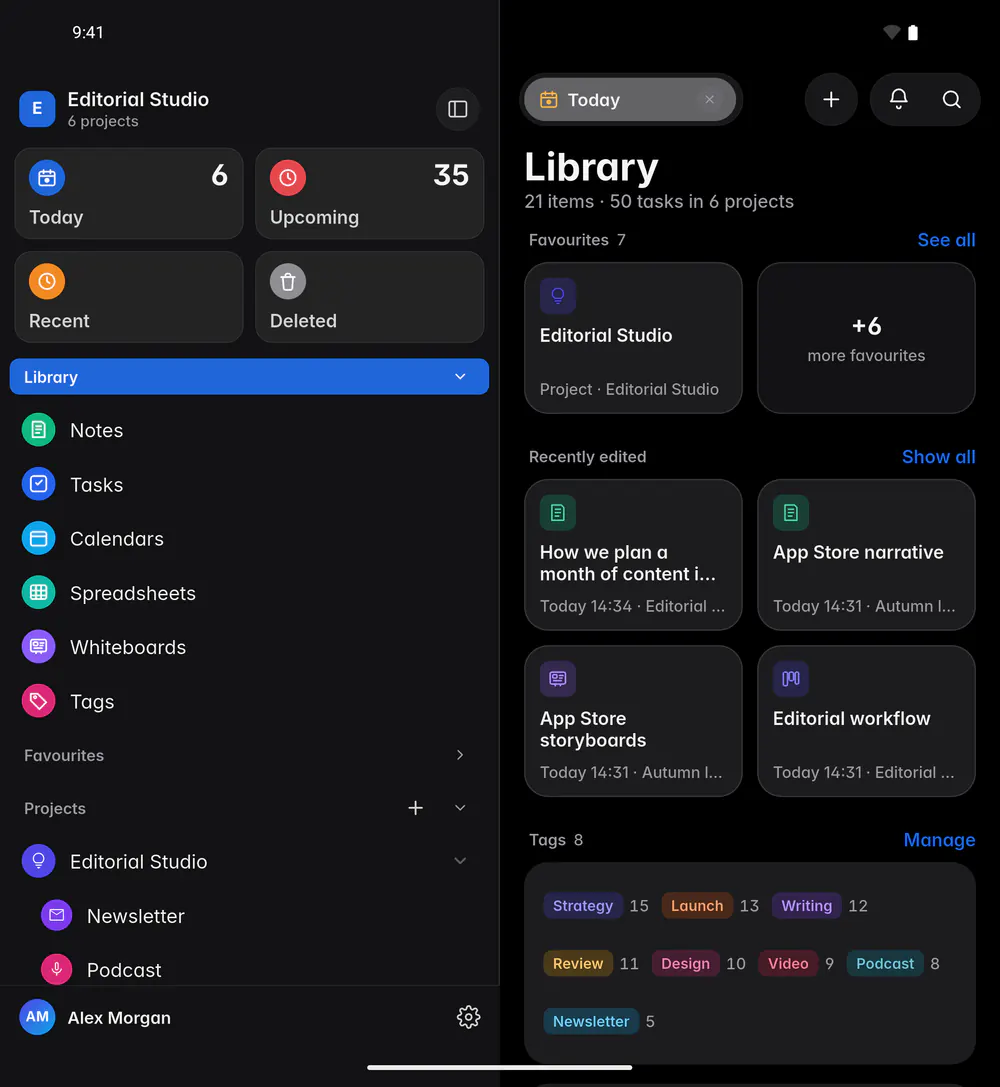 The Library with tiles for each kind of item, favourites and recently edited items (an Android foldable)
