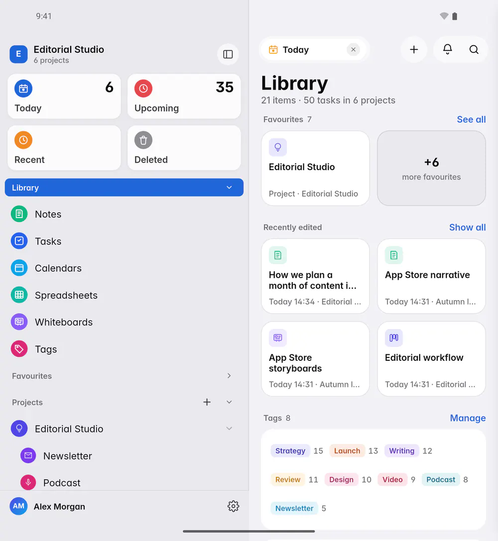 The Library with tiles for each kind of item, favourites and recently edited items (an Android foldable)