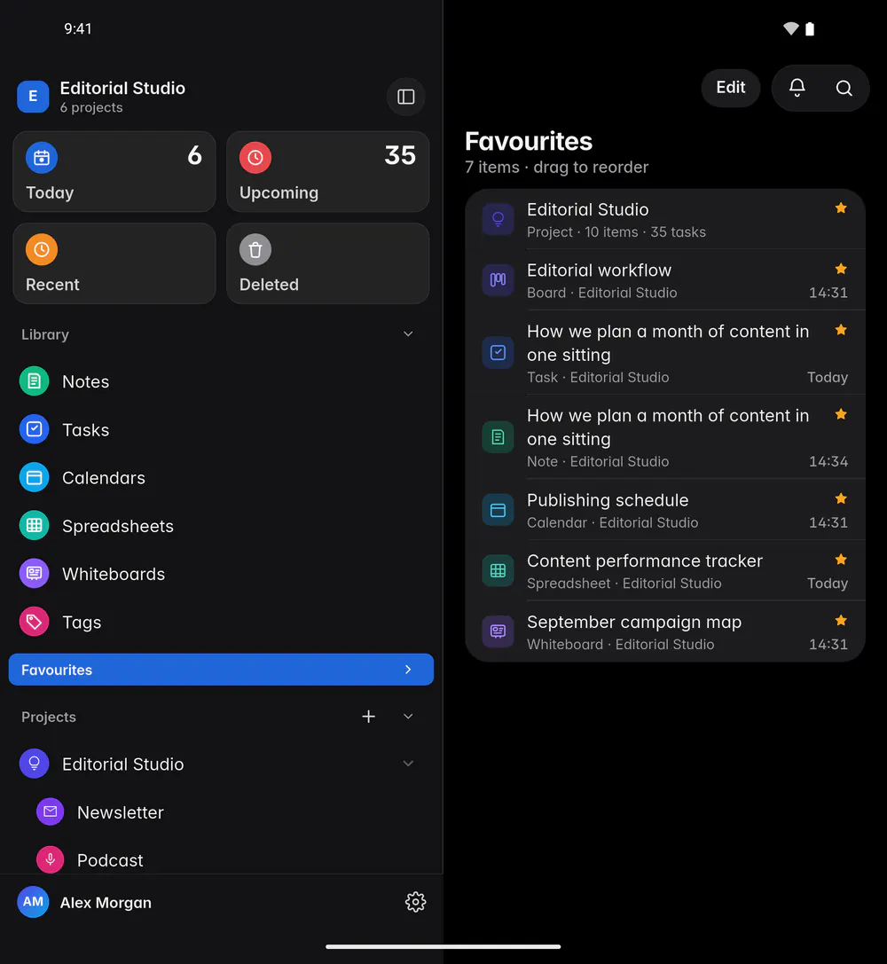 The Favourites list with a project, a board, a task, a note, a calendar, a spreadsheet and a whiteboard (an Android foldable)