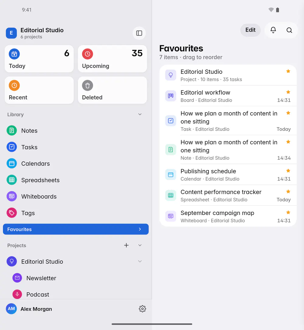 The Favourites list with a project, a board, a task, a note, a calendar, a spreadsheet and a whiteboard (an Android foldable)