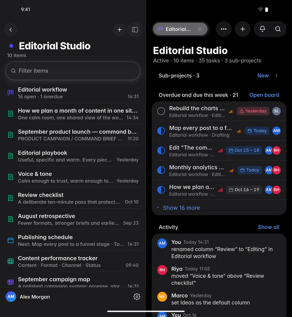 A project page with its progress, its folded Sub-projects section and the tasks due this week (an Android foldable)