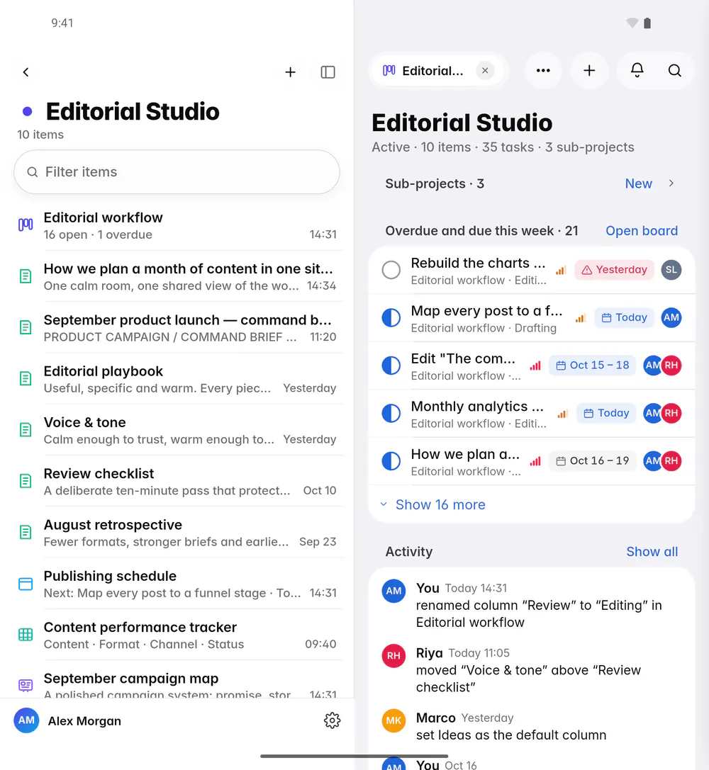 A project page with its progress, its folded Sub-projects section and the tasks due this week (an Android foldable)