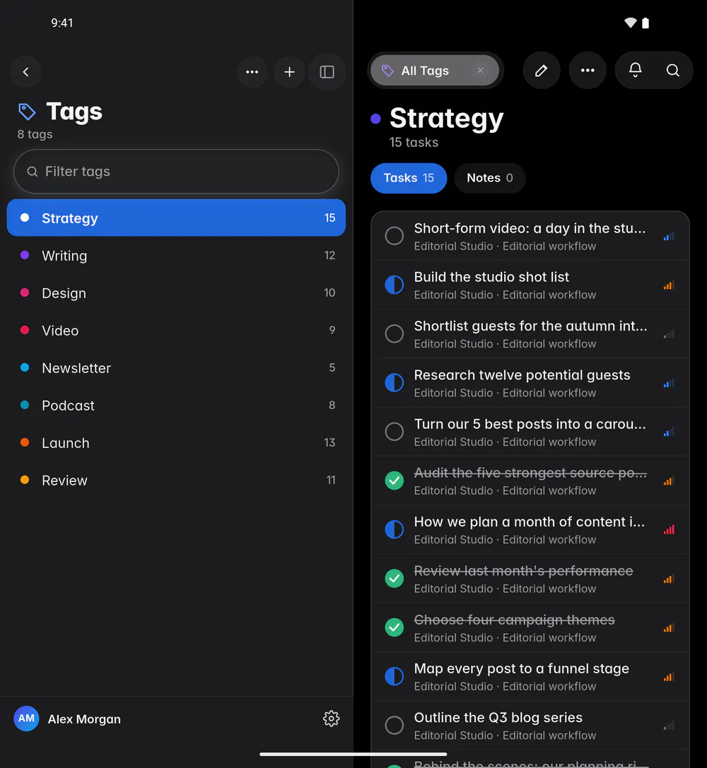 Tags listed with how many items carry each one (an Android foldable)