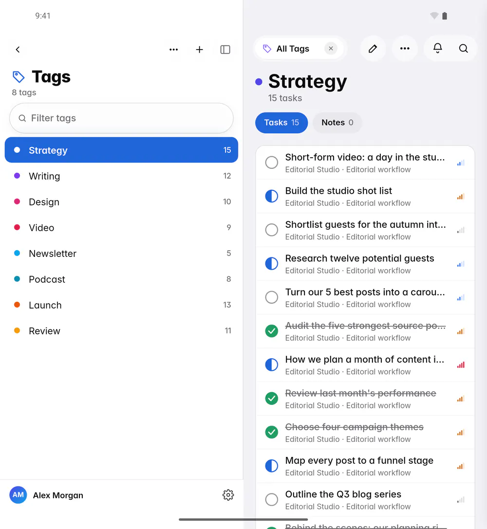 Tags listed with how many items carry each one (an Android foldable)