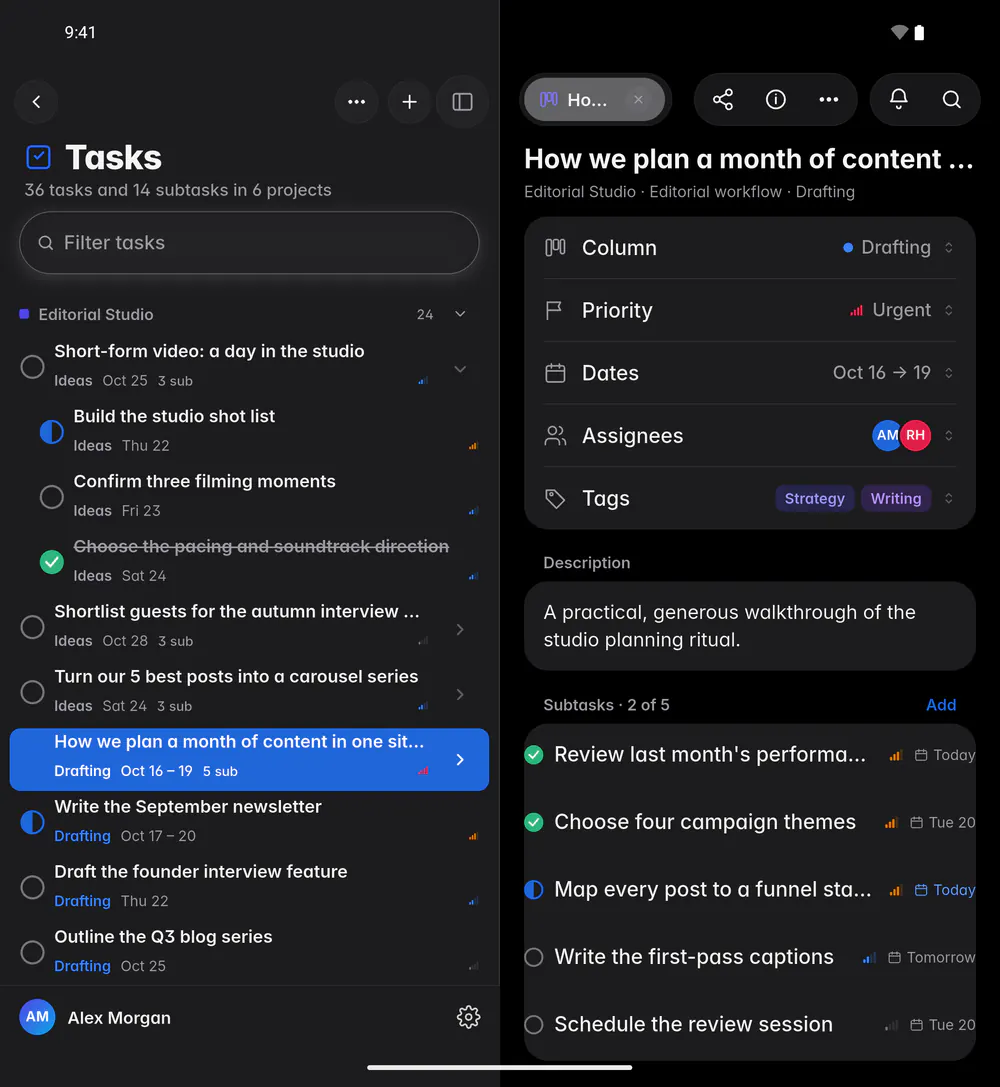 All tasks grouped by project, with their dates, tags and people (an Android foldable)