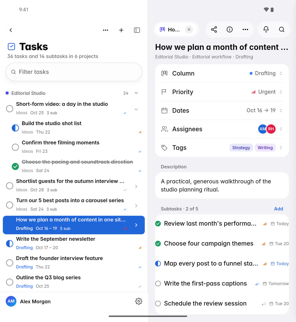 All tasks grouped by project, with their dates, tags and people (an Android foldable)