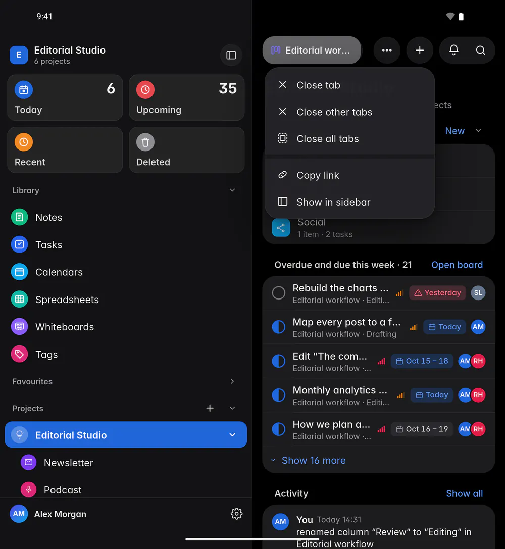A tab's menu with Close tab, Close other tabs, Close all tabs, Move to split right, Copy link and Show in sidebar (an Android foldable)