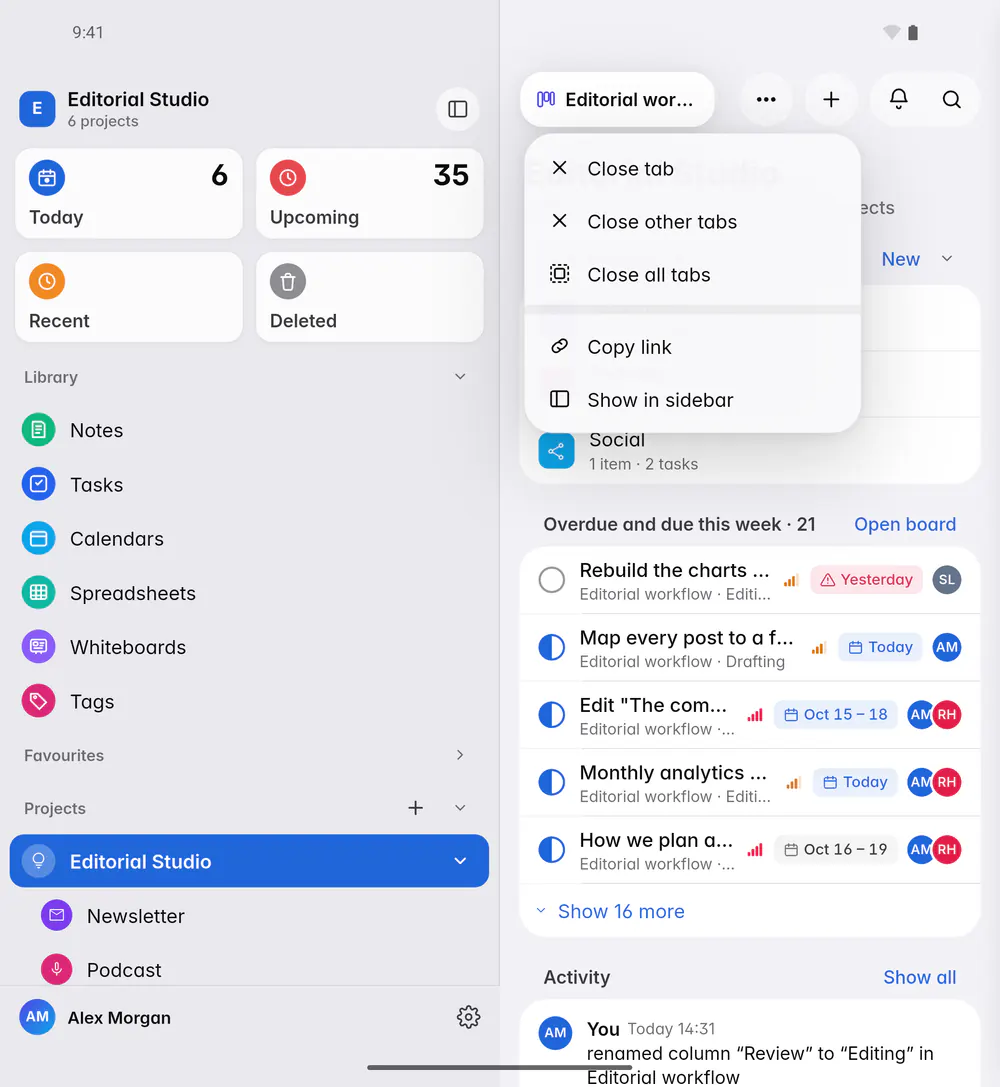 A tab's menu with Close tab, Close other tabs, Close all tabs, Move to split right, Copy link and Show in sidebar (an Android foldable)