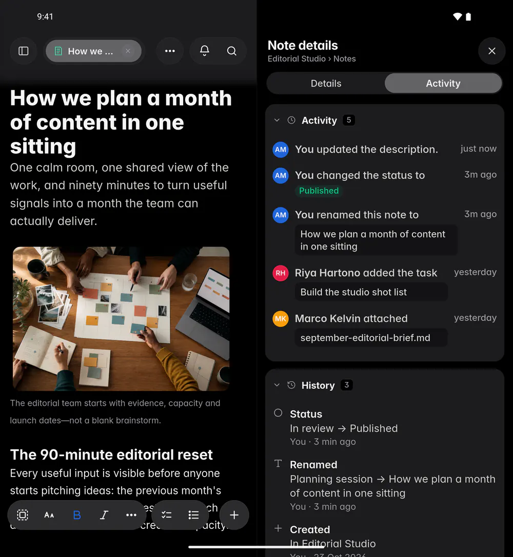 A note's details on the Activity tab, with its activity and the history of its status and name (an Android foldable)