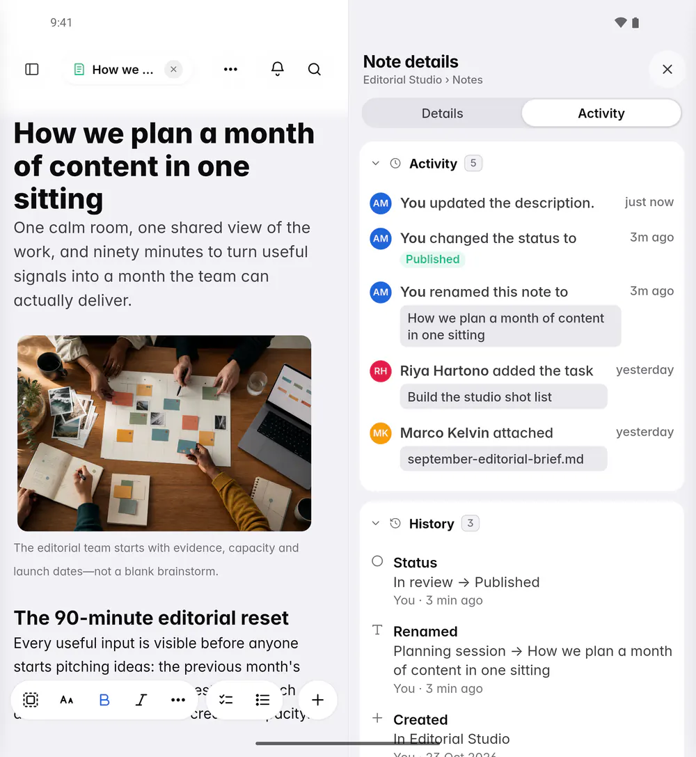 A note's details on the Activity tab, with its activity and the history of its status and name (an Android foldable)