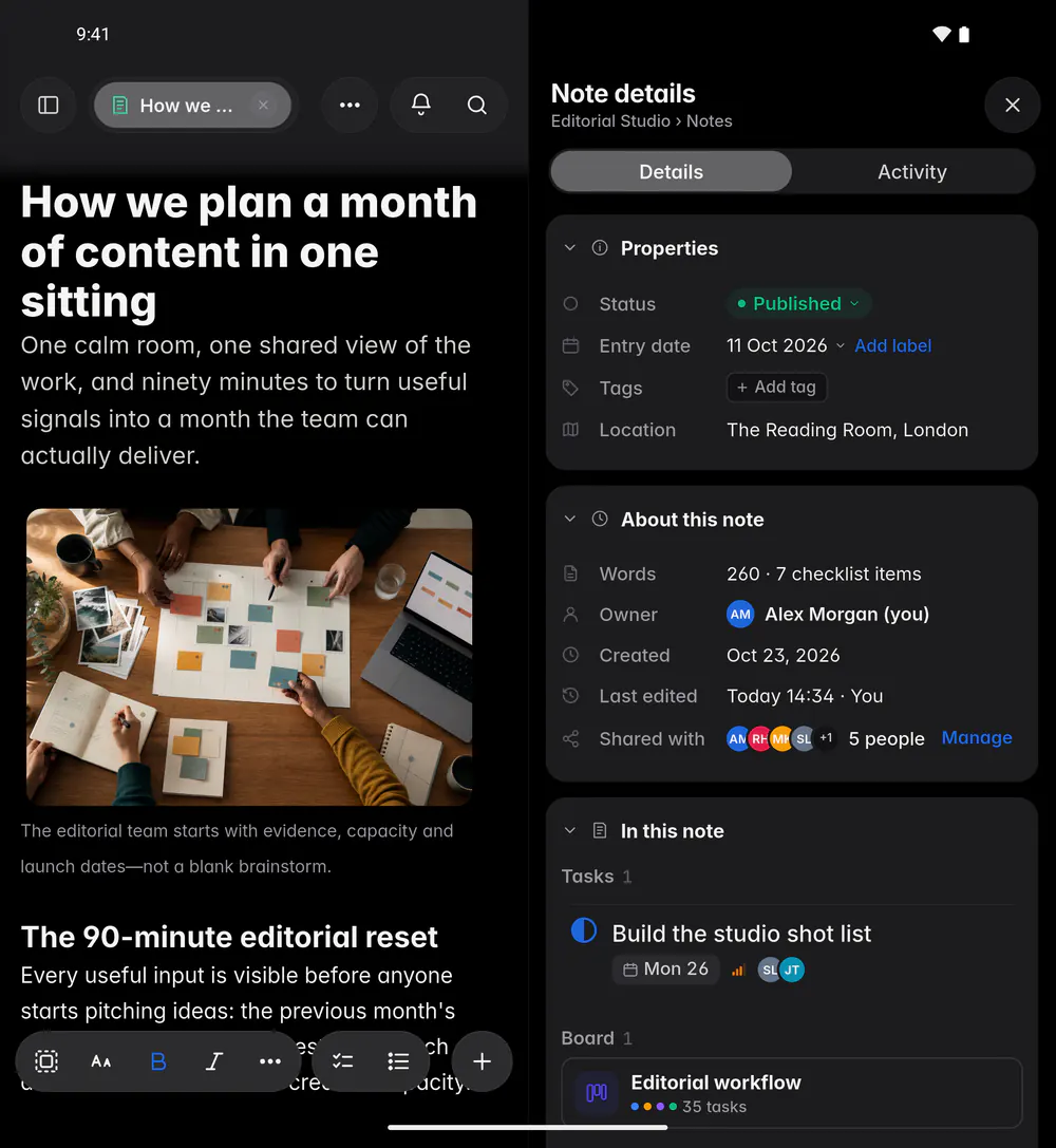 A note's details with its status, entry date, tags and place, then the word count, owner and dates (an Android foldable)