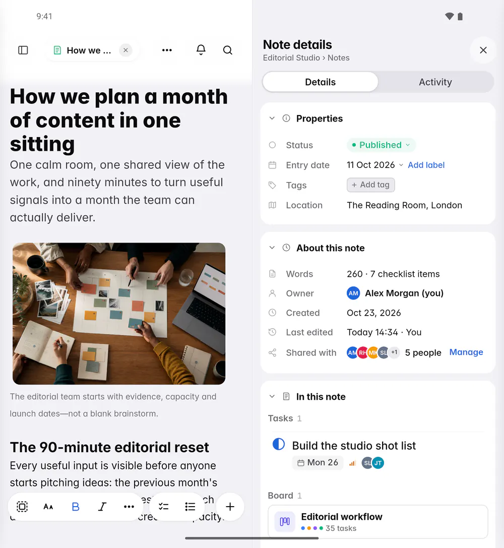 A note's details with its status, entry date, tags and place, then the word count, owner and dates (an Android foldable)