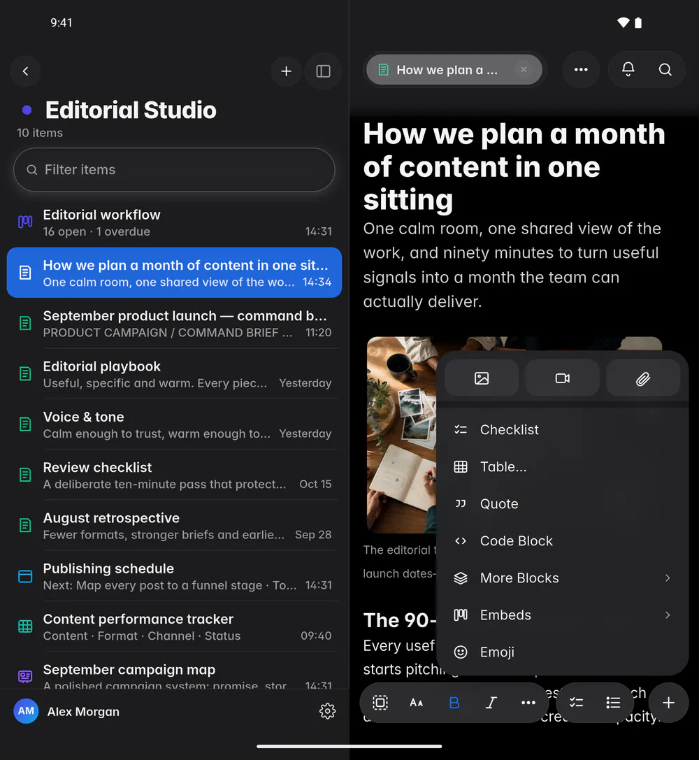 A note's Insert menu with media, blocks, embeds and emoji (an Android foldable)