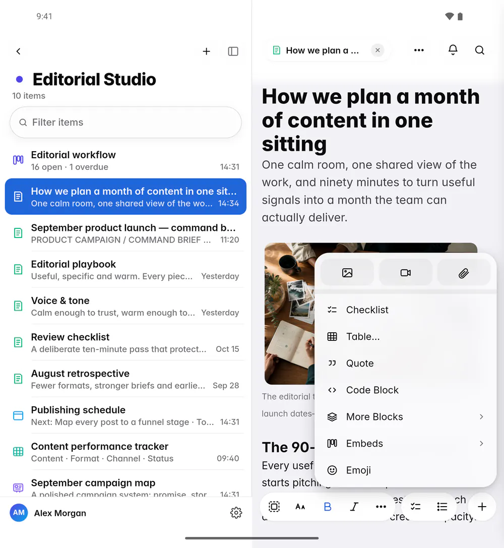 A note's Insert menu with media, blocks, embeds and emoji (an Android foldable)